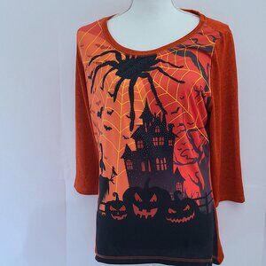 THOMAS & OLIVIA HALLOWEEN TOP /HAUNTED HOUSE EMBELLISHED/ SZ L/SPARKLE DETAIL